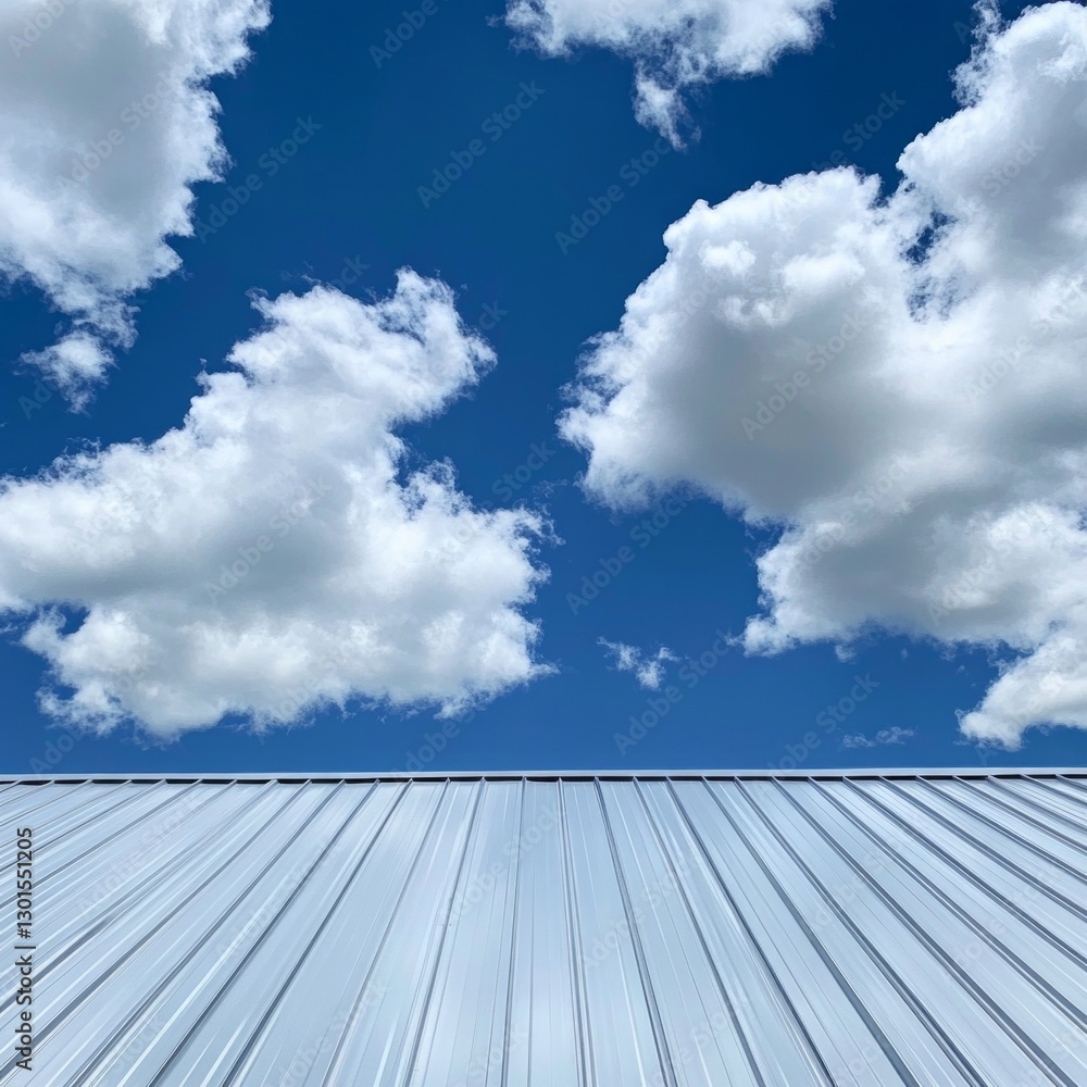 Puffy white clouds in blue sky over metal roof on sunny day Puffy white clouds in blue sky over metal roof on sunny day