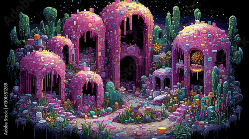 Colorful Pixel Art Fantasy Land with Enchanted Ruins, Pixelated Architecture, Vibrant Flora, Magical Stones, Night Sky, Mystical Vibes, Digital Art Masterpiece