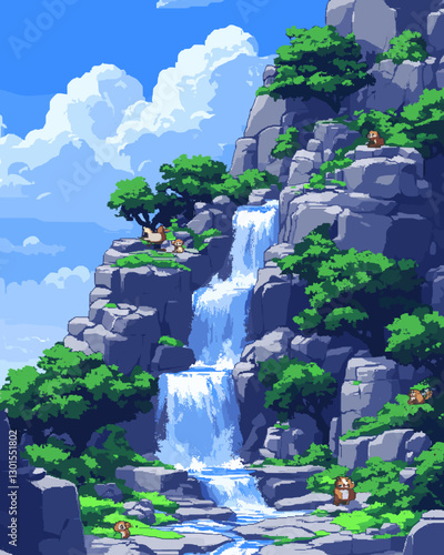 Stunning pixel art waterfall cascading down rocky mountainside with lush green vegetation and small climbers under bright blue sky and fluffy clouds
