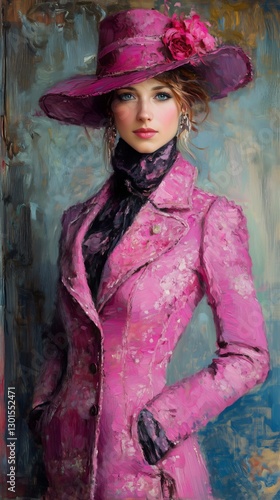 Elegant Woman in a Pink Coat and Hat Posed Against a Soft, Colorful Background