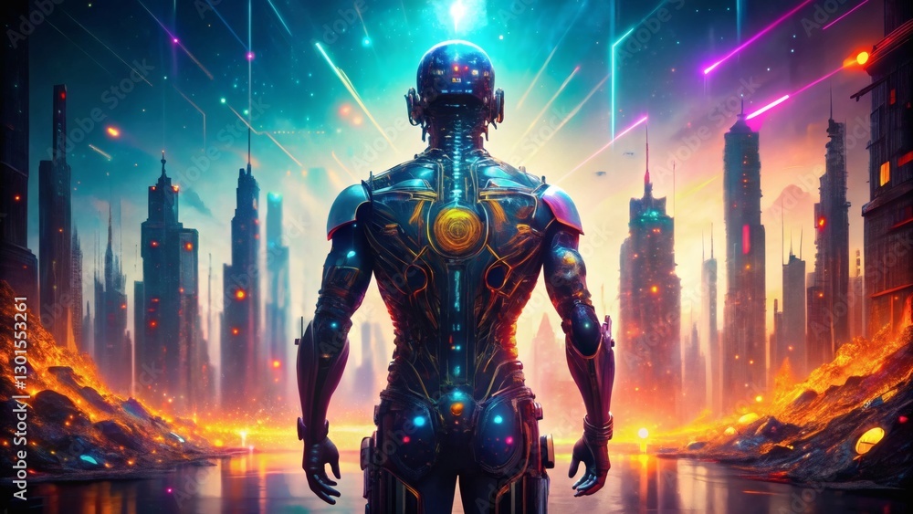 Naklejka premium Futuristic Cityscape with Cyborg Figure