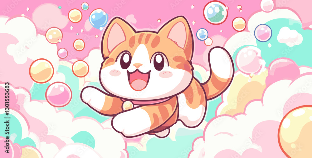 Adorable Cartoon Cat in Dreamy Pastel Sky with Colorful Bubbles | Cute Feline Adventure in Whimsical Clouds | Playful Animated Pet Illustration Adorable Cartoon Cat in Dreamy Pastel Sky with Colorful Bubbles | Cute Feline Adventure in Whimsical Clouds | Playful Animated Pet Illustration