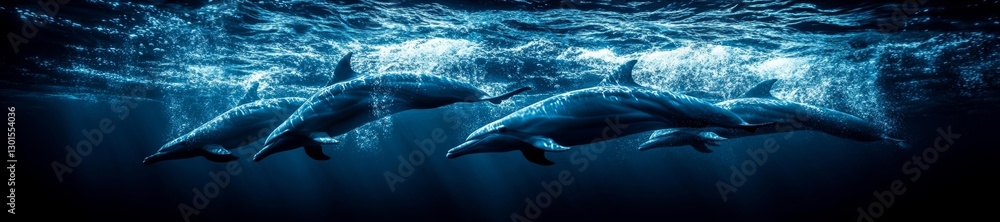 Naklejka premium A deep blue ocean with a pod of dolphins swimming in synchronized motion. Generative AI