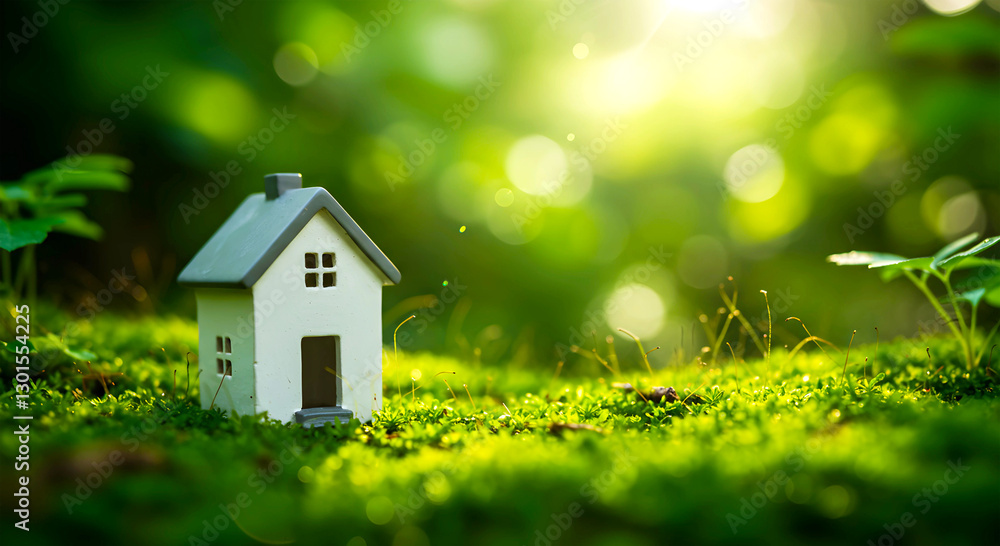 Miniature White House on Lush Green Moss Dreamy Nature and Eco-Friendly Concept Miniature White House on Lush Green Moss Dreamy Nature and Eco-Friendly Concept