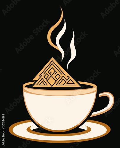 Intricate Geometric Coffee Cup Design with Steaming Hot Beverage and Ornate Pyramid Motif for Cafe Decor and Coffee Lovers Seeking Unique Artistic Inspiration