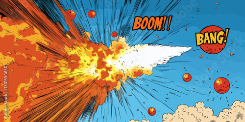 Explosive Comic Style Action Scene with Fiery Meteor Shower and Dramatic Sound Effects in Vibrant Colors for Dynamic Visual Experience and Creative Inspiration