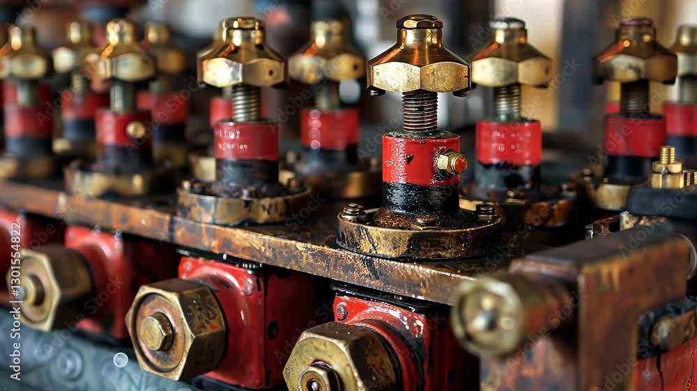 Detailed view of industrial red valves and mechanical components, showcasing the brass fittings and sturdy design. Detailed view of industrial red valves and mechanical components, showcasing the brass fittings and sturdy design.