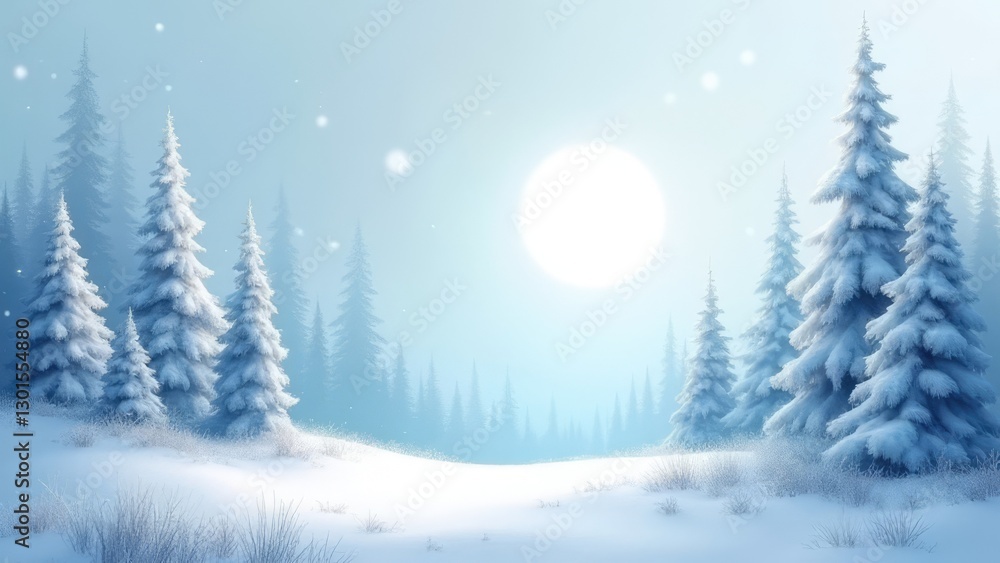 Naklejka premium Winter landscape with snow-covered trees and bright sun illuminating the serene surroundings during the early morning hours. Generative AI