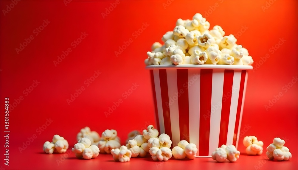 Una foto de estudio de un cubo de palomitas de maíz a rayas rojas y blancas rebosante de palomitas de maíz sobre un fondo rojo, algunas palomitas de maíz esparcidas alrededor del cubo Una foto de estudio de un cubo de palomitas de maíz a rayas rojas y blancas rebosante de palomitas de maíz sobre un fondo rojo, algunas palomitas de maíz esparcidas alrededor del cubo