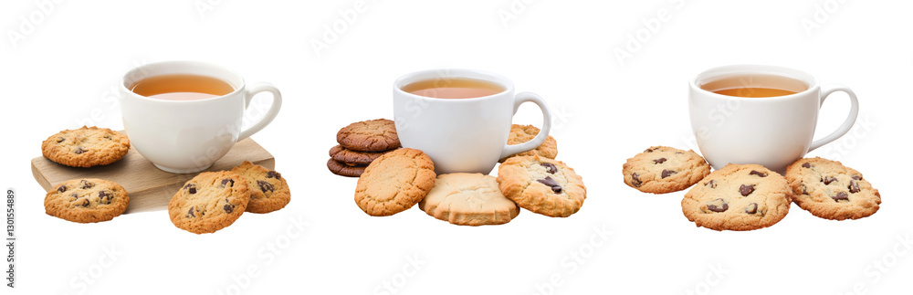 Tea and Cookies Arrangement with White Mugs Isolated on transparent background Tea and Cookies Arrangement with White Mugs Isolated on transparent background