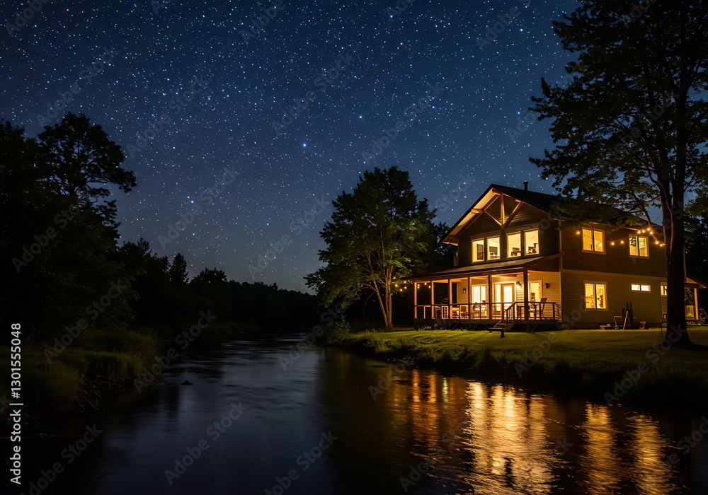Fototapeta premium Illuminated Lakeside Home Under a Starry Night Sky