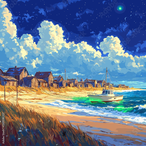 Scenic Beachfront Village Under Starry Night Sky with Boat and Rustic Huts Along Shoreline Captured in Vibrant Colors and Serene Atmosphere