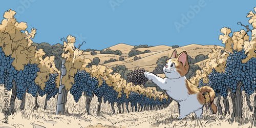 Adorable Cat Playing in Lush Vineyard with Grapevines and Rolling Hills Under a Clear Blue Sky - Perfect Serene Countryside Scene with Playful Feline