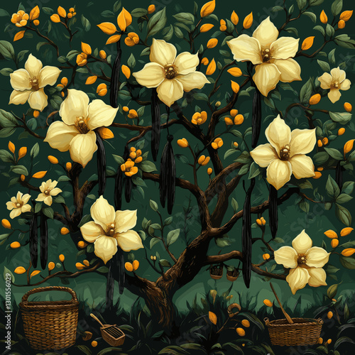 Captivating Botanical Illustration Featuring Blooming Vanilla Orchid Tree, Lush Greenery and Harvest Baskets - Perfect for Nature Lovers and Art Enthusiasts