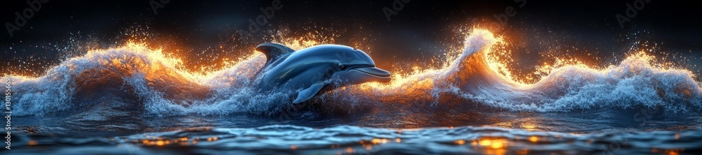 Fototapeta premium A dolphin swimming through glowing ocean waves creating dynamic light effects. Generative AI