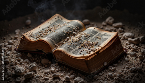 Dramatic Bible covered in ashes on textured surface, solemn reflection