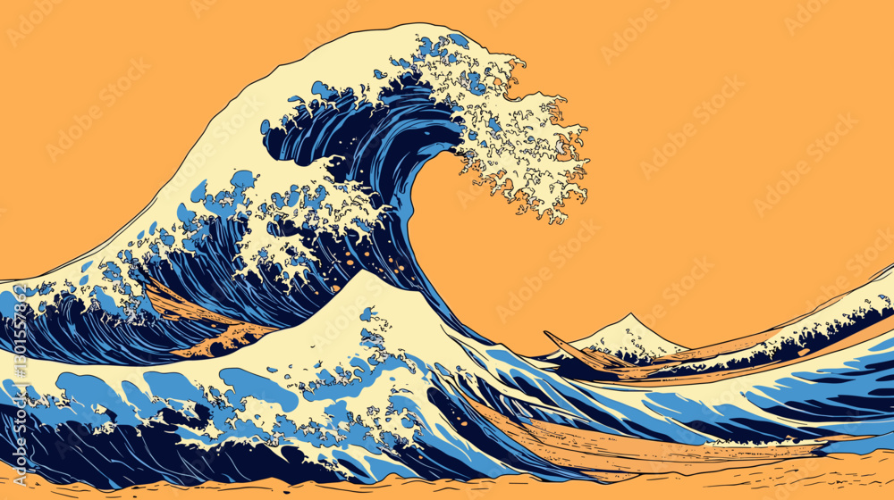 Vibrant Hokusai Inspired Wave Art on Orange Background - Iconic Great Wave Aesthetic with Japanese Style Ocean Wave Design for Art Lovers and Decor Enthusiasts
