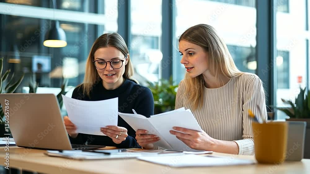 Dynamic teamwork and discussion between women professionals in a contemporary office setting. Dynamic teamwork and discussion between women professionals in a contemporary office setting.
