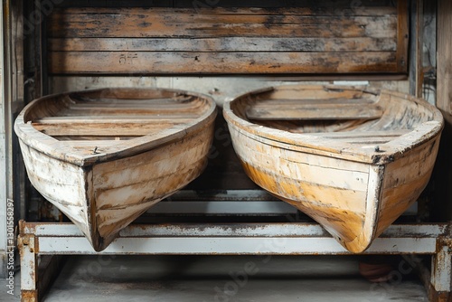 Pair of weathered wooden rowboats in rustic boathouse setting photo