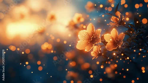 Blossoming Cherry Flowers Under Soft Golden Light in a Serene Environment