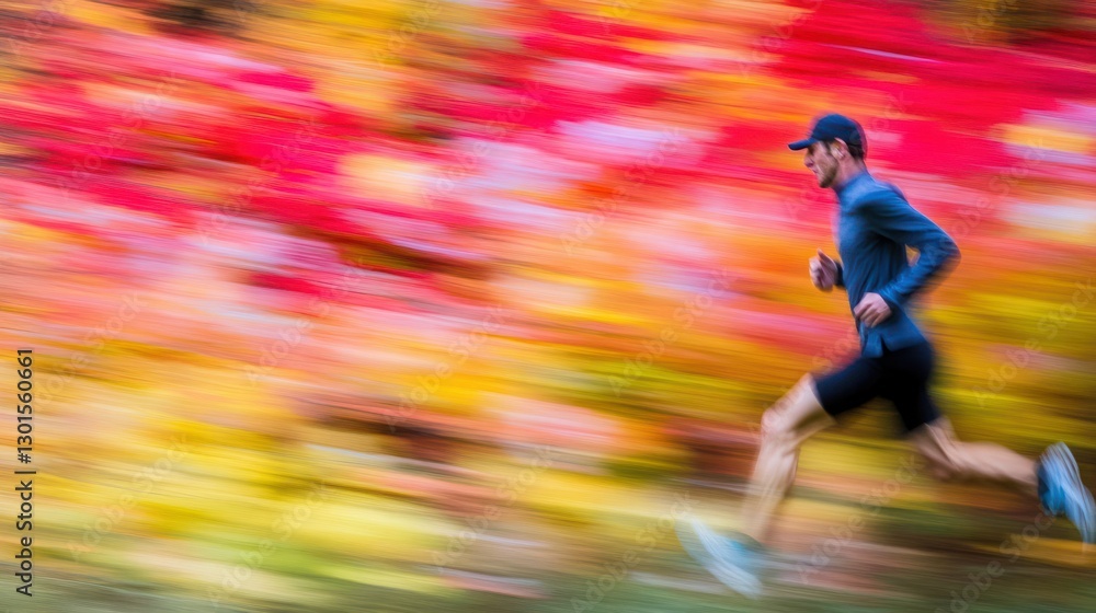 Fototapeta premium Autumn runner in motion, vibrant fall foliage background