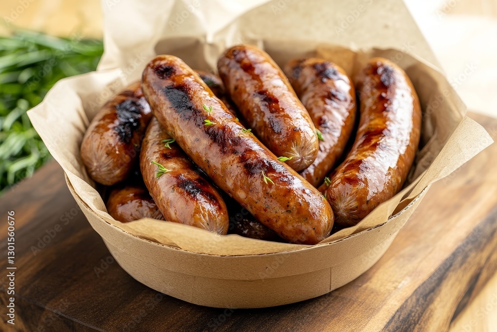 Grilled Sausages in Compostable Bowl - Delicious grilled sausages, seasoned perfectly, served in a sustainable compostable bowl. Symbolizing: summer grilling, outdoor dining, simple food Grilled Sausages in Compostable Bowl - Delicious grilled sausages, seasoned perfectly, served in a sustainable compostable bowl. Symbolizing: summer grilling, outdoor dining, simple food