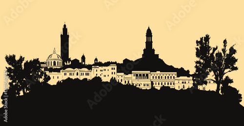 Intricate Silhouette of Scenic City Skyline Silhouette Trees Towers Churches Buildings Hillside Architecture Artistry Iconic Landmark Panoramic View Landscape