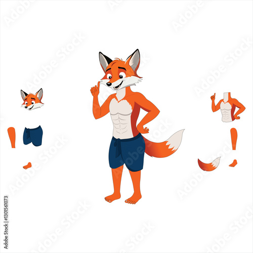 A Cute cartoon fox man standing smile on white background. Side view. Ready for moral fox animation story. Part by part ready for animate cc.