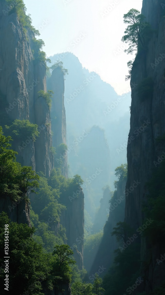 Fototapeta premium Majestic Landscape: Towering Sandstone Pillars with Lush Green Vegetation, Misty Valley, Cinematic Quality, Mystical Atmosphere, Legendary Fantasy Landscapes