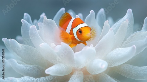 Clownfish nestled in anemone, underwater marine habitat photo