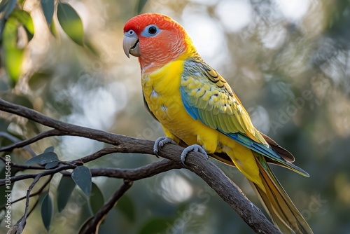 Colorful Parrot Perched on Branch Amidst Lush Foliage in Natural Light