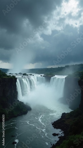 Torrential Rainstorm at Victoria Falls: Dramatic Landscape with Powerful River and Misty Sky, Professional Photograph