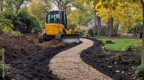 Landscaping project, bulldozer, curving path, fall