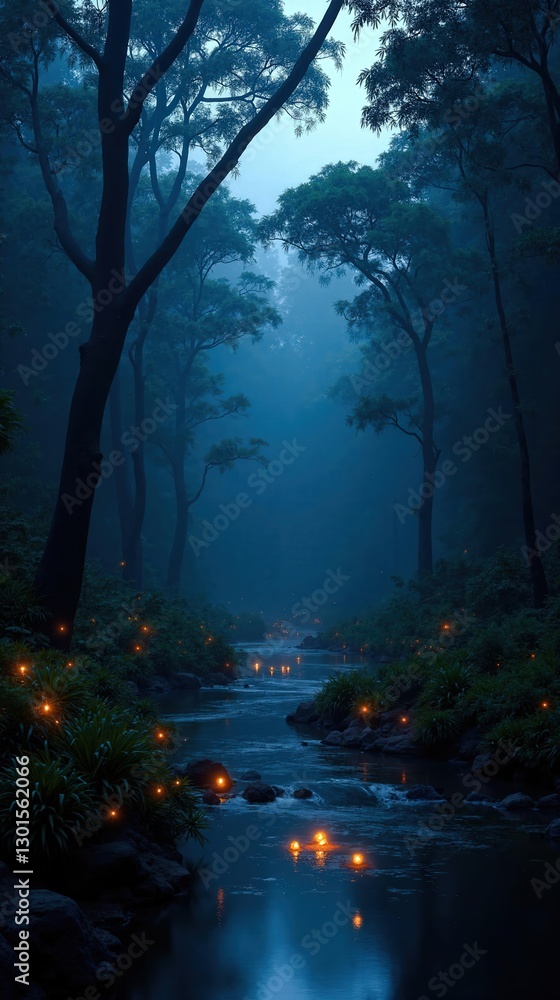 Fototapeta premium Twilight Amazon Rainforest Landscape: Enchanted River, Fireflies, Misty Forest, Nighttime Scenery, Distant Nocturnal Creatures, Mystical Atmosphere