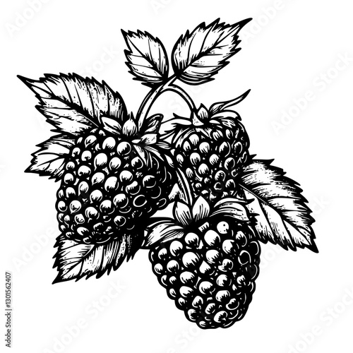 Detailed engraving of blackberries with leaves showcasing intricate line work in vector format