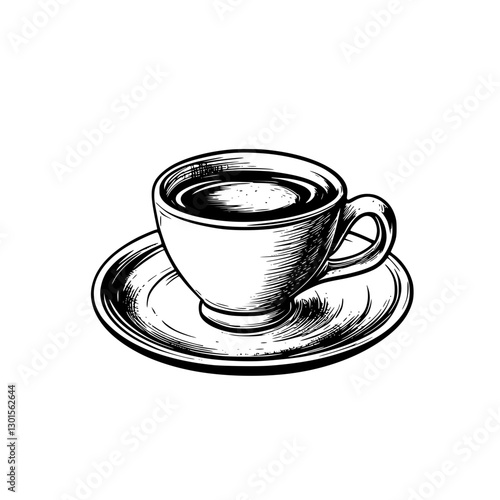 Engraved vector illustration of a coffee cup on a saucer showcasing a minimalist design