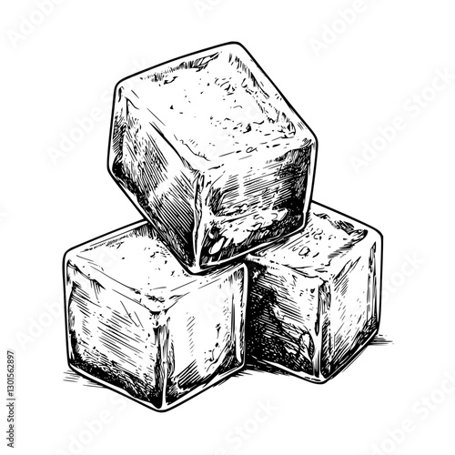 Engraved vector illustration of three ice cubes stacked on top of each other in a detailed, artistic style