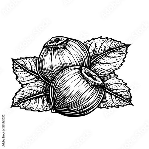 Engraved vector illustration of two hazelnuts with leaves on a white background showcasing detailed texture and natural form
