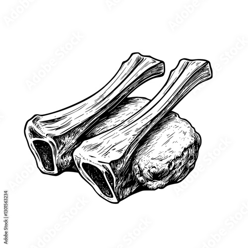 Engraved illustration of two meaty bone cuts set on a textured surface