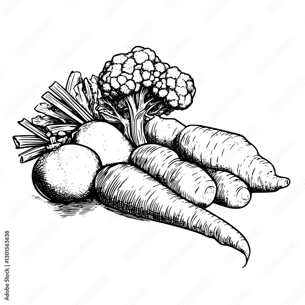 Fototapeta premium Engraved illustration of assorted vegetables including carrots, broccoli, and beets arranged artistically on a white background