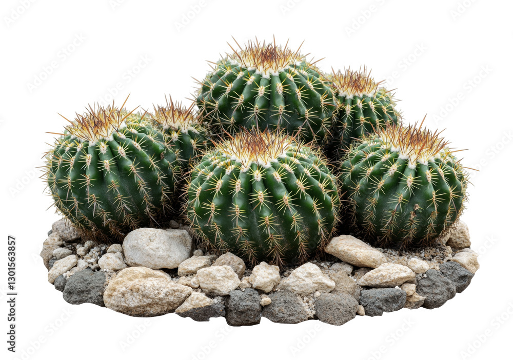 Unique collection of green cacti arranged with decorative stones for home and garden decor inspiration, cut out Unique collection of green cacti arranged with decorative stones for home and garden decor inspiration, cut out