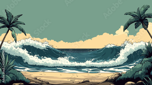 Vibrant Coastal Scene with Rolling Ocean Waves, Idyllic Palm Trees, Sandy Beachfront, and Clear Blue Sky - Perfect Tropical Paradise Illustration for Relaxation