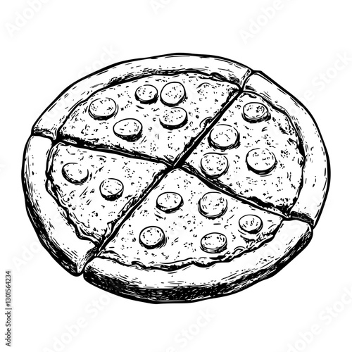 Engraved vector illustration of a pepperoni pizza with slices on a white background