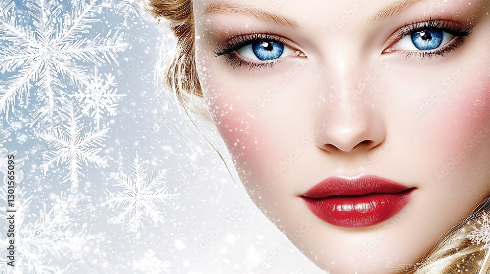 Winter Beauty Portrait with Snowflakes and Bright Blue Eyes Winter Beauty Portrait with Snowflakes and Bright Blue Eyes