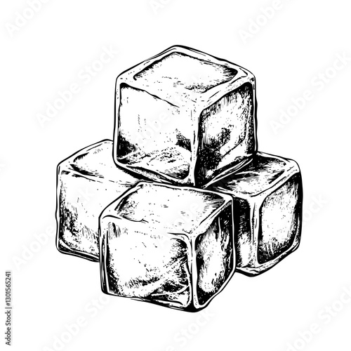 Engraved illustration of ice cubes stacked together in a minimalist vector style