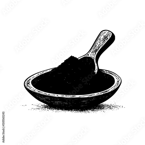 Black spice in a bowl with a wooden scoop against a white background showcasing traditional cooking ingredients