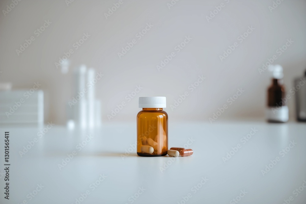 Amber Glass Bottle with Beige Capsules on a White Surface Amber Glass Bottle with Beige Capsules on a White Surface