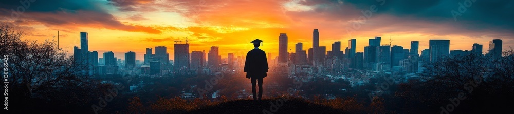 Graduate silhouette standing tall over a city with a glowing sunset. Generative AI Graduate silhouette standing tall over a city with a glowing sunset. Generative AI