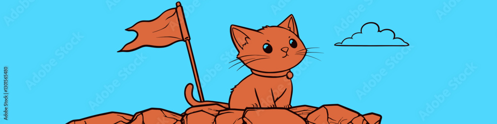 Obraz premium Cute Cartoon Orange Cat on Rocky Peak with Flag in Blue Sky Scene - Adorable Kitten on Rugged Terrain Illustrative Art for Children's Storybooks