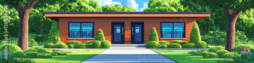 Modern single-story house nestled in lush greenery surrounded by trees, manicured shrubs, vibrant lawn, pathway, and serene blue sky - perfect suburban living